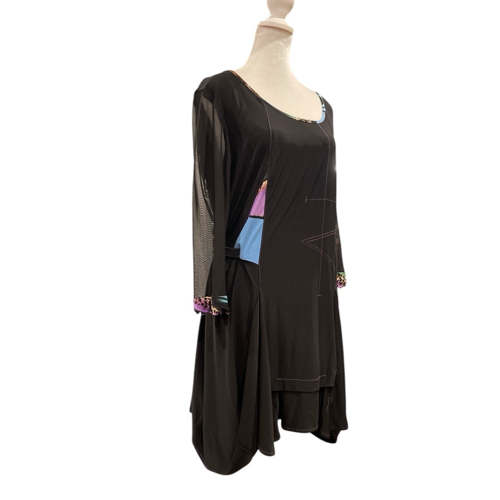 Frank Lyman Black Asymmetrical Handkerchief Hem Mesh Sleeve Dress L